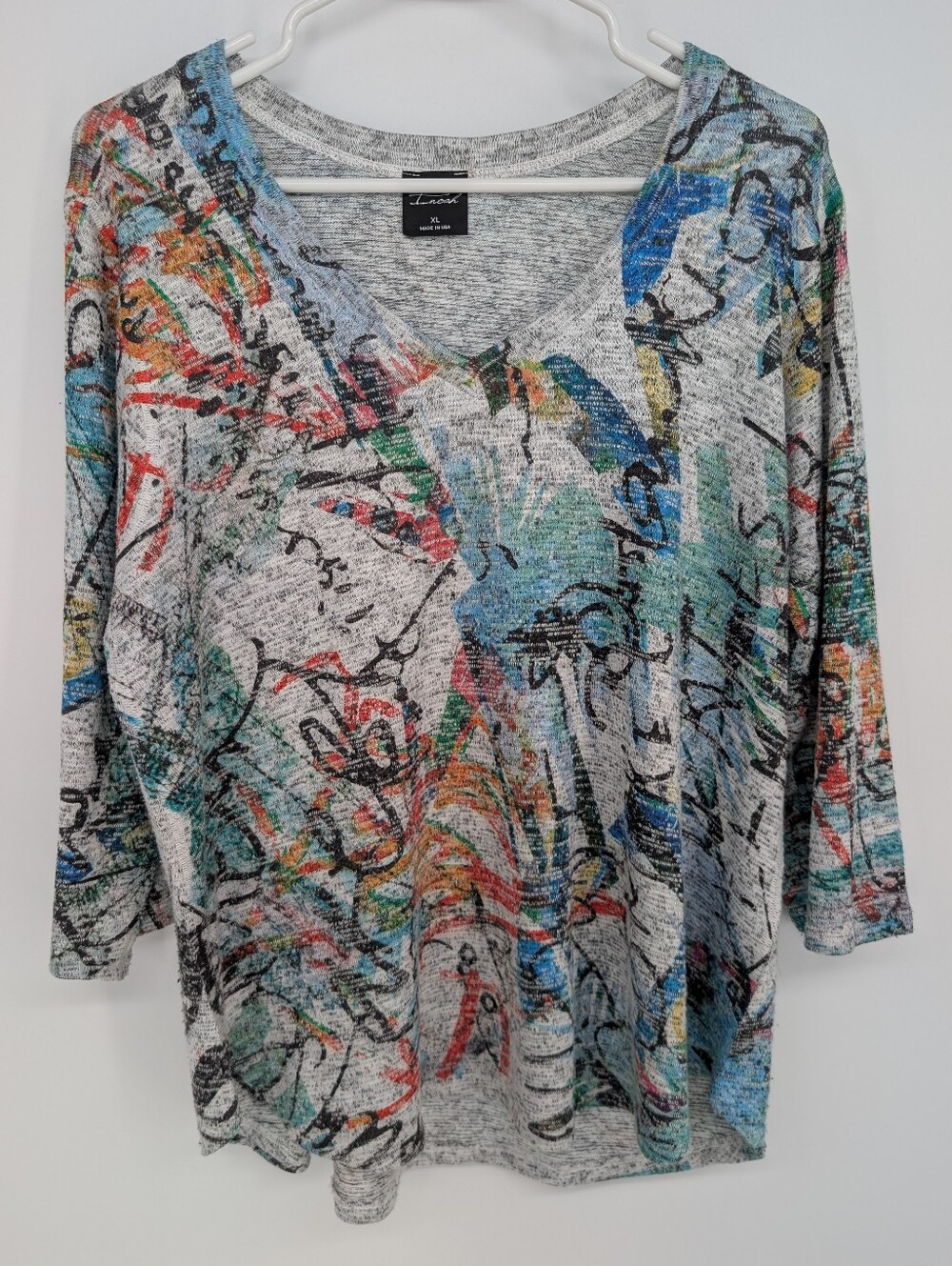Inoah Abstract Art To Wear Graffiti Print Top XL V Neck 3/4 Sleeve USA Made